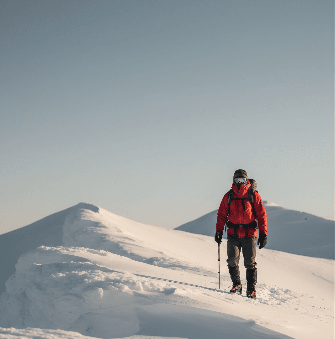 A trekker standing on a snowy Himalayan ridge